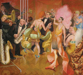 The center panel of the painting Metropolis, depicting a fashionable jazz club. A woman in green dances the Charleston in the center; a woman in coral and yellow holding a large pink fan poses on the right. A suited jazz band plays on the left, and well-dressed patrons, covered in jewels and ornate brocades, watch the dancing.