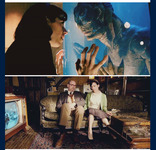 A GIF set of 5 horizontal media images depicting scenes from the film The Shape of Water