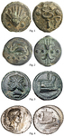 Plate A contains eight images showcasing the obverse and reverse of four different circular Roman coins. Figure 1 displays both sides of a sextans. The obverse prominently depicts a seashell. The reverse depicts a caduceus, a staff associated with the god Mercury that contains two intertwined snakes at its top. Figure 2 is a triens that contains a dolphin on the obverse and a thunderbolt on the reverse. Figure 3 displays an as. The obverse displays a bi-form bearded head of the god Janus. The reverse depicts the prow of a Roman warship. Figure 4 is a denarius. The obverse displays the head of Pompeius Magnus. To the right of the head a trident is depicted. To the left, Latin text (a legend) contains the word NEPTVNI. The reverse depicts a ship with sail and sailors; to the upper left is a star. The legend below the image contains the text Q·NASIDIVS, a reference to the moneyer.
