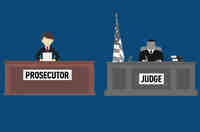 Cartoon illustration showing a prosecutor at a desk next to a judge at a desk, to the prosectutor's right, each with their title in all-caps on the front of their desk.