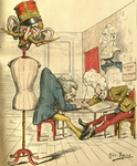 Color caricature of two men at a table, examining a document. Caption reads, Ernest rédigeant un nouveau manifeste.