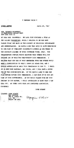 Schary telegram to Eleanor Roosevelt