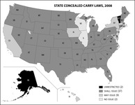 A map of the United States showing that predominately in 2008 that the majority of states allowed for the legal concealed carry of firearms, at least with a government permit.