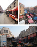 Three photographs depicting the changes of the Huangdao Road market. The top photograph shows market stalls covered by parasols. The middle photograph, viewed from above, shows the market covered by plastic tarpaulins. The bottom photograph shows market stalls covered by corrugated iron roofs.