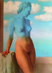 A famed painting by Magritte of a female nude with the sky and clouds behind her: the upper half of her body deep blue, as if absorbing the color of the sky, whereas her lower half is slightly orange-­tinted.