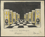 In this scene design for Tales of Hoffmann, the black-and-white checkerboard floor and successive side wings (yellow wall sections with furniture and windows painted on them) together create an impression of sharply forced perspective.