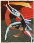 Cubist design for Salomé’s dance of the seven veils, all angles and curves, with Salomé’s arms stretched upward, one leg lifted, an orange veil streaming behind her against the backdrop of a red staircase.