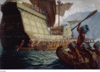 A painting depicting Champlain's arrival. A large ship greeted by several canoes.