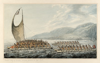 John Webber, Tereoboo, King of Owyhee, bringing presents to Capt. Cook, c. 1773-1784. This watercolor depicts the distinctive “crab-claw” sail of the Owyhee (now Hawai’i) island double hull canoes. Artist John Webber traveled with Captain James Cook’s third voyage to the Pacific in 1776-1780.