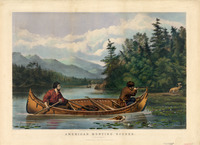 A lithograph print in color of two men in a birch-bark canoe. One man is aiming his gun at a buck on the shore as a dog swims along side the canoe.