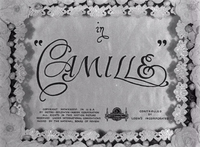 Title screen with the title "Camille" in English calligraphy with copyright information and logo below, superimposed on a grayscale background framed in lace and flowers.