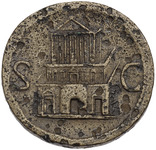 A bronze coin showing an elaborate complex composed of two precinct walls surrounding a central decastyle structure.