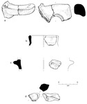 Sketches (a-d) of 4 pieces of prehistoric pottery from survey regions B and D, and Sites 001 and 002.