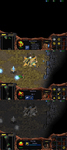 Three game screenshots. Top, everything is dark. Middle, a Zerg drone can see Protoss probes gathering minerals and Protoss buildings. Bottom, the same space is now in light dark and shows only the buildings.