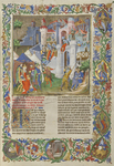 Photographed of an illuminated manuscript page showing several figures surrounding a castle.