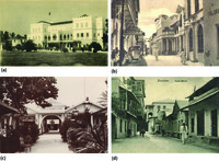 Sepia and black-and-white photographs depicting examples of spaces created and/or modified by the British in Zanzibar, including a palace, garden entrance, court street, and post office.