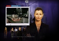 A screen grab from the Six Degrees website that shows a small screen with a partially played "character video" next to an image of a woman dressed in business clothes, arms crossed, with a brown pontyail, looking into the camera. The Six Degrees logo is at the top of the image, following by the tagline "Everyone is connected." At the bottom of the image there are 5 other actors, two women and three men, and the words "Make another connection."