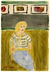 A painting of a white woman with blonde hair and red lips wearing a white, blue, and yellow striped shirt and blue bottoms (either pants or a skirt). Though no chair is visible, the woman appears seated in front of wainscot paneling. Green molding appears behind her head, with a grey wall and three framed images above her. Above the three rectangular frames, more green molding runs along the top of the composition.