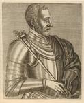 Engraving of James V, King of Scotland, half-length, turned to the right, with moustache and beard, wearing armor and holding a scepter.