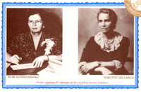 Waist-up photos of both women sitting, Schneiderman at her desk in a floral dress and Bellanca with her arms crossed in a dark dress with lace trim. Quiet photo of dynamic women.