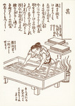 Woodcut shows a woman dipping a mould into a large vat of paper pulp outdoors. Stacks of paper and kanji writing in background.