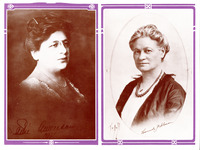 Portraits of American with spectacles on the left and Solomon on the right. Both women wear a strand of pearls and have their wavy hair pulled back. Their signatures below.