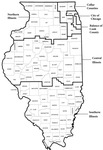 A map of the State of Illinois showing the geo-political layout of the Chicago region and “downstate.”