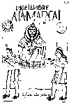 A Colonial drawing with text that refers to November, the month of the dead during which they were put on litters and transported through the streets. The drawing depicts a dead figure being carried on a litter by two people.