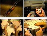 Snaking cables, hands holding a remote and a stopwatch, a row of VHS tapes, and women with handwritten notes