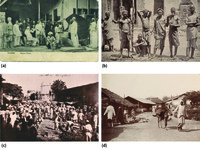 Old sepia photographs depicting economic activities in Omani Zanzibar.