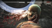 Close-up of Kung Lao’s hat spinning into opponent’s skull in X-ray move