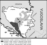 Black and white map of Bosnia and Herzegovina showing the frontlines and territories controlled by the Bosnian Government and Bosnian Serb and Bosnian Bosnian Serb and Bosnian Croat forces in 1992.