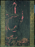 The Mahāsattva jātaka painting on the Tamamushi no zushi shrine, Hōryūji; seventh to eighth century CE. At upper right, the prince disrobes; at center, he dives into the tigers’ den, and at lower right the mother tiger feeds on his flesh.