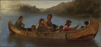 A painting of about eight figures (some babies or children) paddling a canoe.
