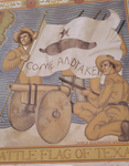 A group of Texas revolutionaries surrounding a cannon, one of whom is waving a flag that has the silhouette image of a cannon and “come and take it” in bold lettering.