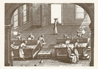 Engraving of ten women, each doing different tasks to finish a fine piece of paper. The room has large windows and good light. One woman enters with a stack of paper on her head.