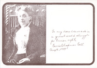 Carrie Chapman Catt wears a fitted jacket, a white blouse, and a ruffled collar. Inscribed: To my dear comrade in a great world struggle for human rights, Carrie Chapman Catt, Aug. 12, 1944.