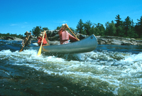 A color photograph of Bill Mason and his family paddling an aluminum canoe through rapids.