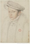 Drawing in red and black chalk of the dauphin, François II, bust-length, turned slightly to the left, wearing a feathered hat and a fur-lined coat.