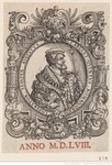 Engraving of Charles V, half-length, turned to the right, wearing a fur-lined robe, a cap, and a collar of the Order of the Golden Fleece; holding a scepter; surrounded by an oval border indicating his name and title in Latin, and an ornate frame with columns bearing the empire’s motto; above is a two-headed eagle.