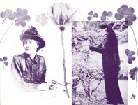 Markievicz sits, dressed in a military jacket and a broad-brimmed hat with flourish, holding a revolver. Gonne stands in a long, dark dress and hair below her waist, picking a rose.