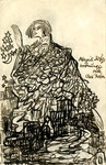 A black ink illustration of the figure Abigail Jussuf delivering her coronation speech above Thebes.