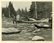 A black and white illustration of three men hauling a canoe containing the body of a killed moose to camp.