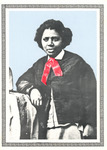 Wearing Chinese-style dark jacket with thick ribbon tie over a white shirt, Lewis rests one arm on a chair with draped fabric. Border replicates pattern in fabric.