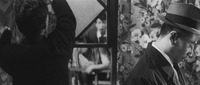 Another monochrome composition. On the Right, a fedora-­clad detective seen in profile looking down at the evidence. Behind him, a somewhat faded floral-­pattern curtain. On the Left, the other detective covers the previously-­glimpsed diamond window pane with the remainder of the curtain, thus covering the faces of onlookers in the background, outside the room.