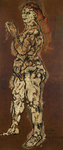 The oil painting Standing Female Nude, Alma Mahler by Oskar Kokoschka shows the nude female figure at once in profile, frontal and three-quarter view while standing against a reddish brown background. Alma Mahler’s upper body is shown from the side, while her face and lower body – pelvis and legs – are shown in three-quarter view; only her joined hands and one of her feet are turned fully toward the viewer. The fleshy woman, with long, unbound red hair, turns her head slightly toward us.