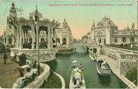 A colored, photographic view of the canals of the White City design of the Franco-British Exhibition grounds in London in 1908. There are magnificent white buildings, a vista of canals, bridges and boardwalks. Boats transport fair-goers along the water.