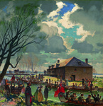 A painting of HBC employees leaving. A crowd waves at them from the shore. A building is in the background.