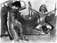 Abstract watercolor painting in which the Wigman figure dances while another figure, Palucca, plays percussive instruments. Wigman dances with arms over her head and faces downward; Palucca’s arms are stretched starkly outward with legs bent in a diamond shape and feet together. Palucca holds instruments in both hands. Both figures are defined by thick lines of watercolor, some washes to indicate shadow, and some white space. Another line shows the floor with background of green washes above and below.