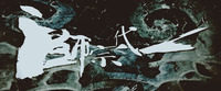 A film still with white calligraphic text on an abstract black and grey background.